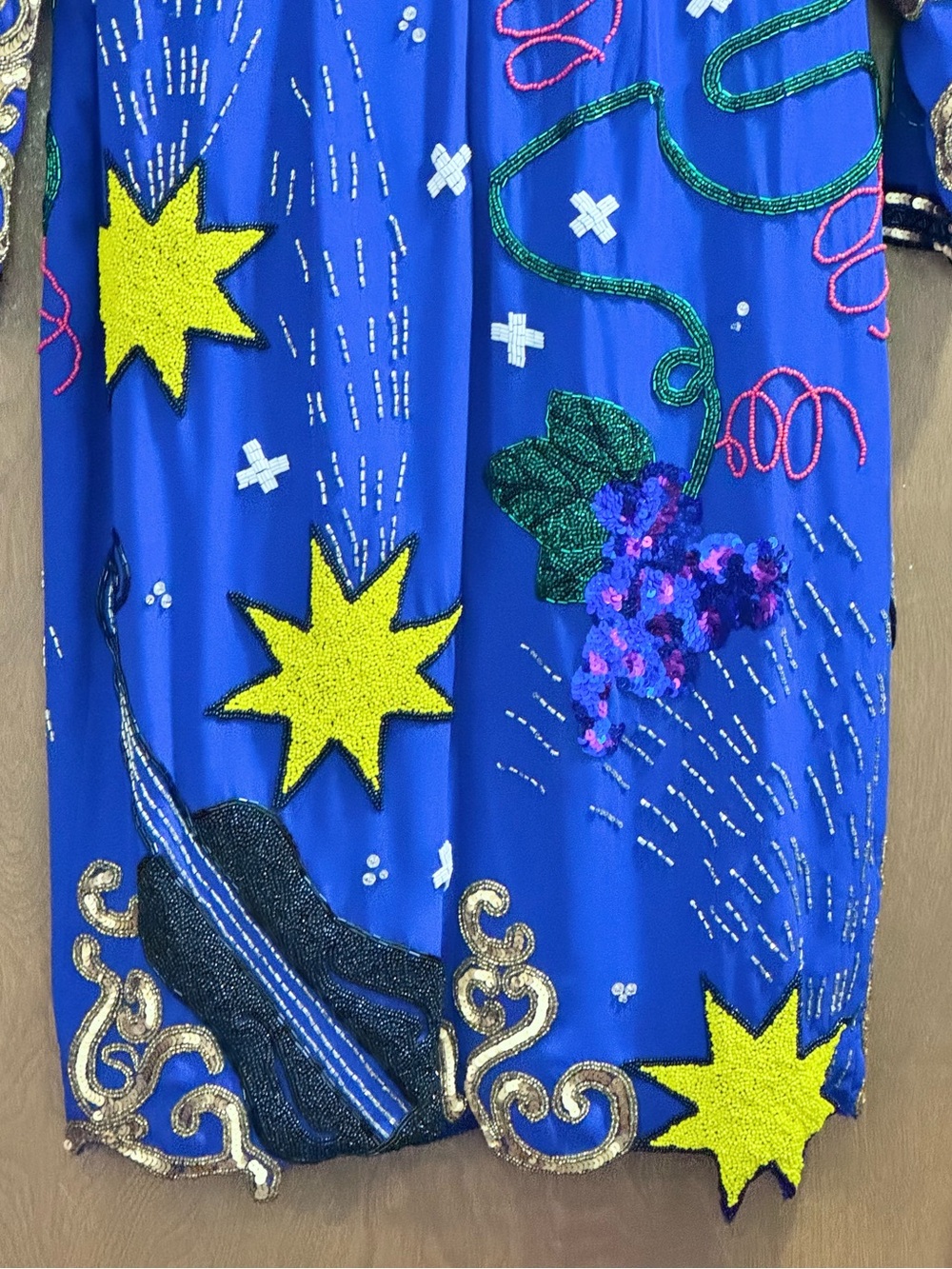 Vintage Ornate Pop Art Embellished Royal Blue Dress w/Beaded Appliqués - Picture 3 of 16